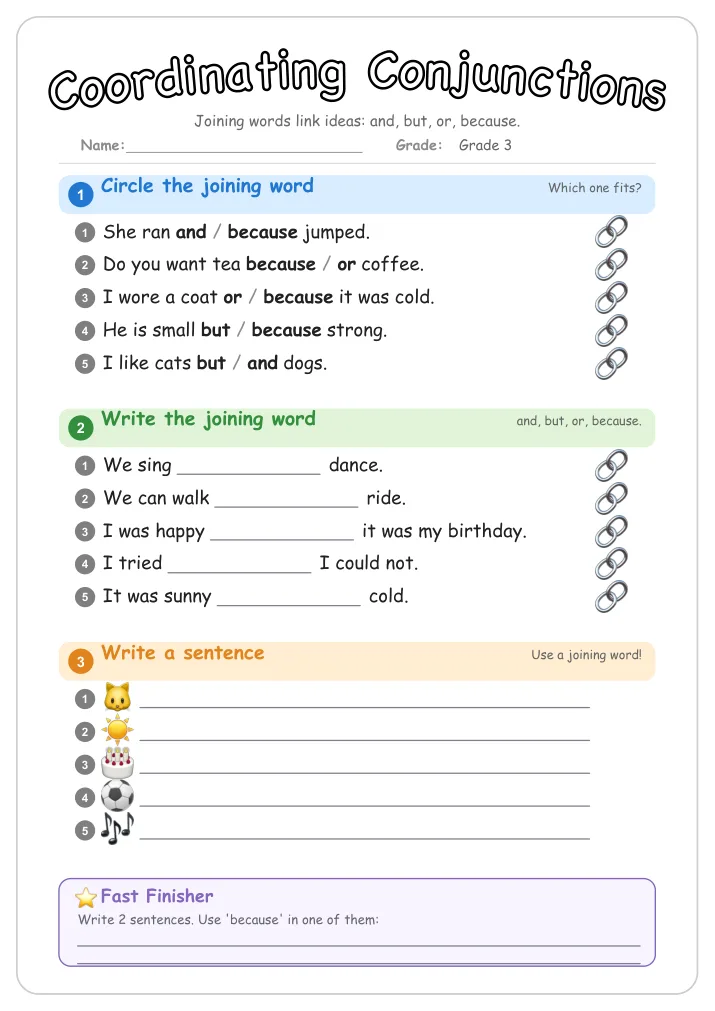 Coordinating Conjunctions grammar worksheet for Grade 3