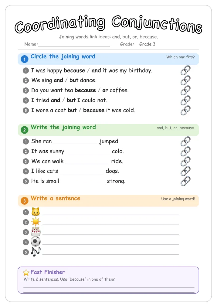 Coordinating Conjunctions grammar worksheet for Grade 3