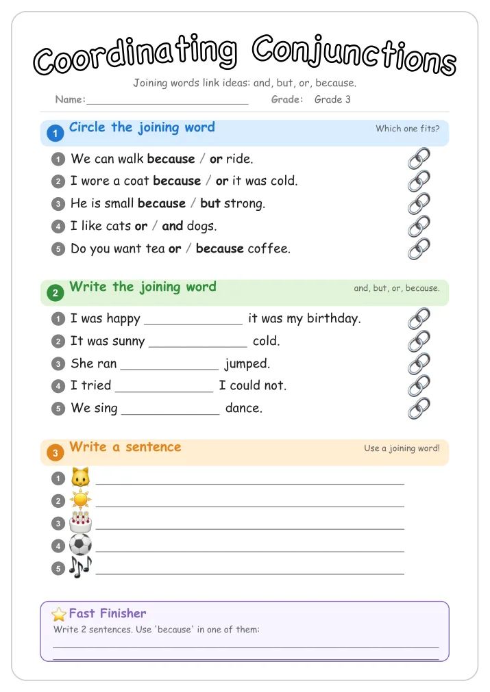 Coordinating Conjunctions grammar worksheet for Grade 3
