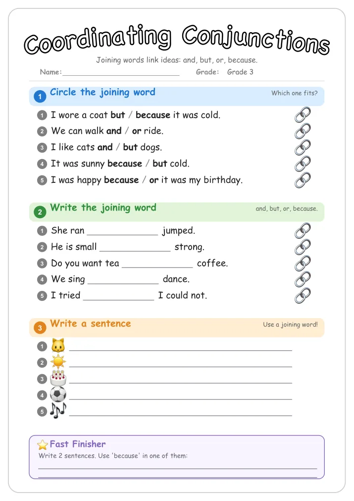 Coordinating Conjunctions grammar worksheet for Grade 3