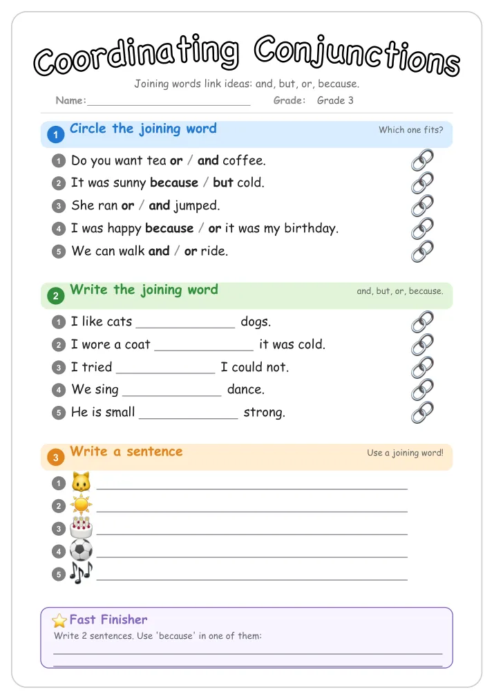Coordinating Conjunctions grammar worksheet for Grade 3