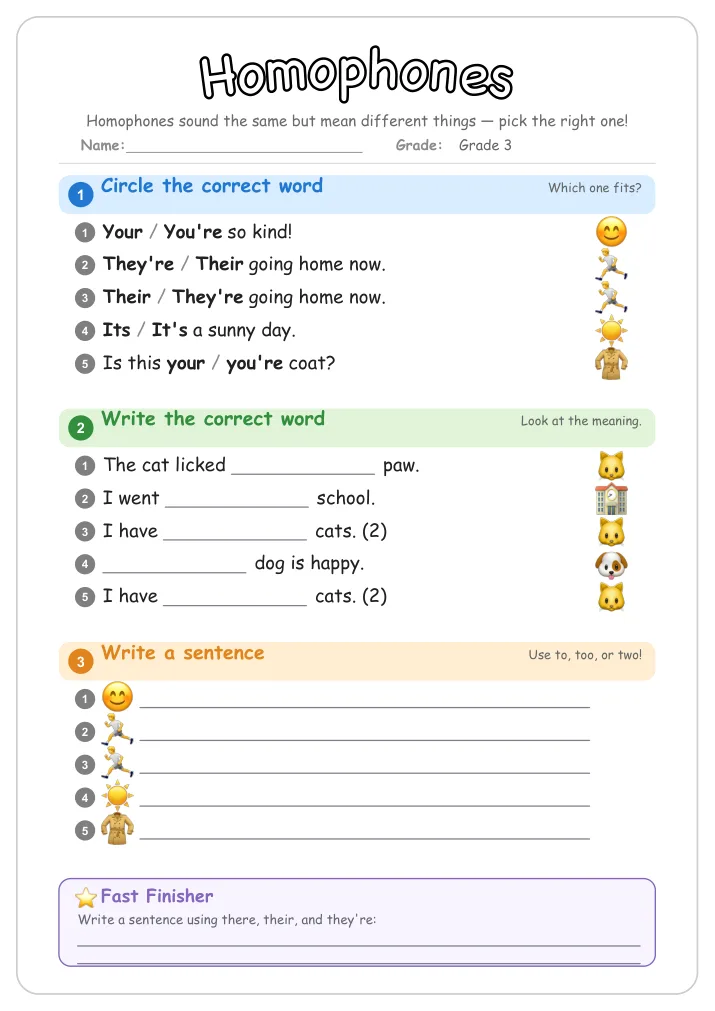 Homophones grammar worksheet for Grade 3