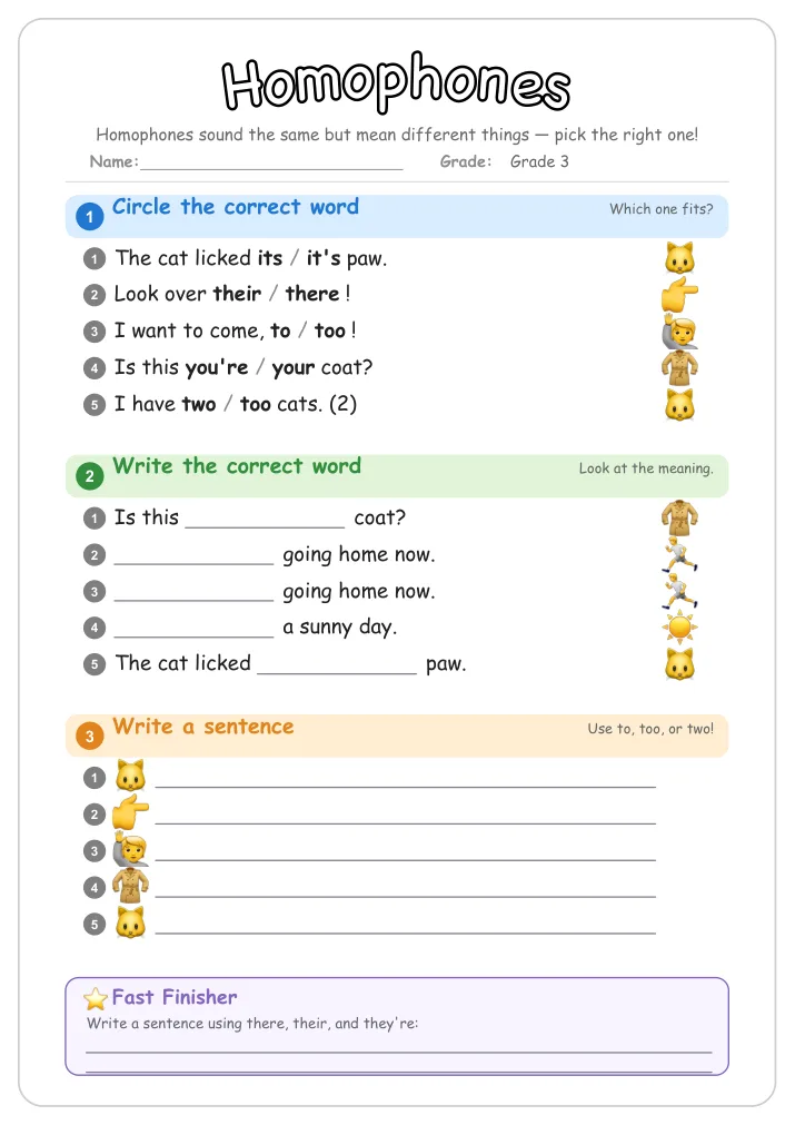 Homophones grammar worksheet for Grade 3
