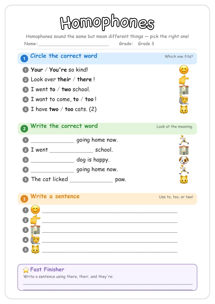 Homophones grammar worksheet for Grade 3