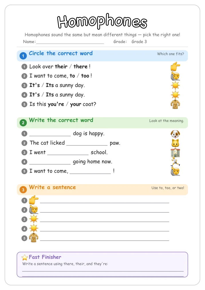 Homophones grammar worksheet for Grade 3