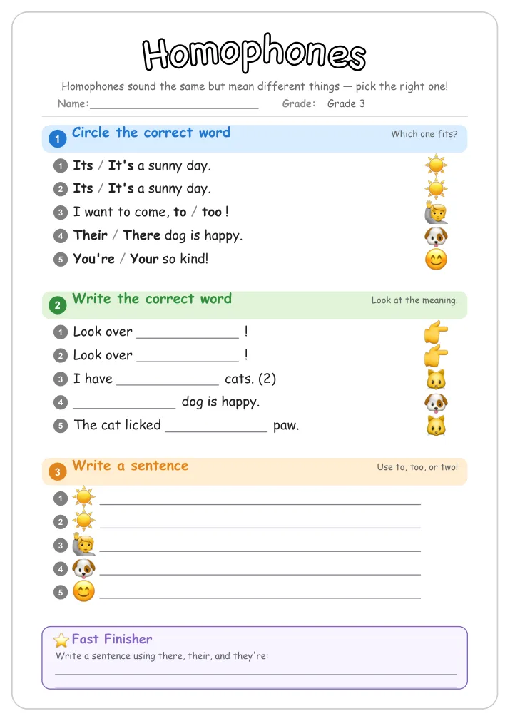 Homophones grammar worksheet for Grade 3