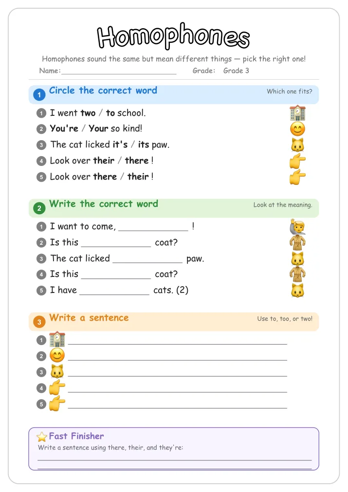 Homophones grammar worksheet for Grade 3