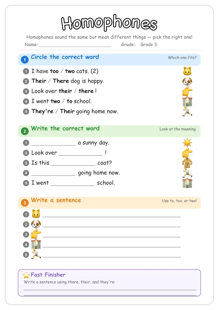 Homophones grammar worksheet for Grade 3
