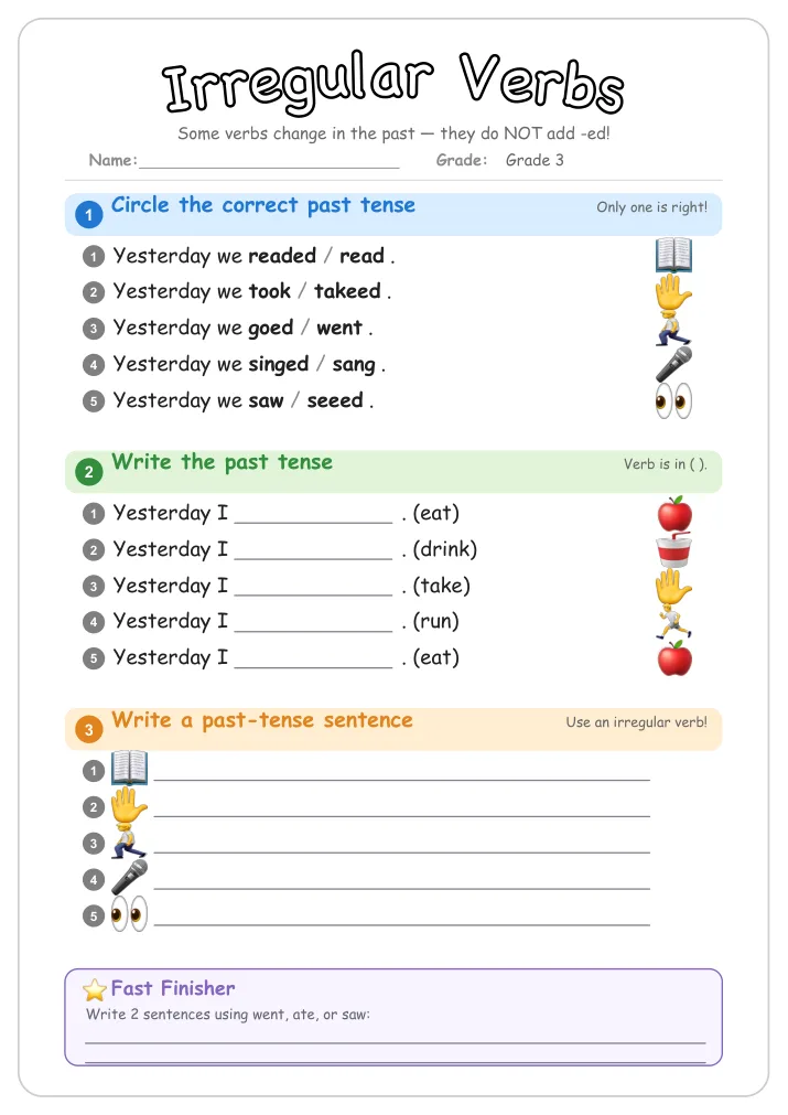 Irregular Verbs grammar worksheet for Grade 3