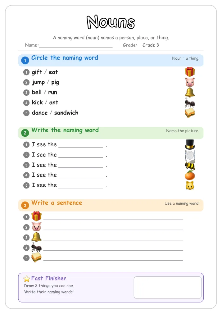 Nouns grammar worksheet for Grade 3