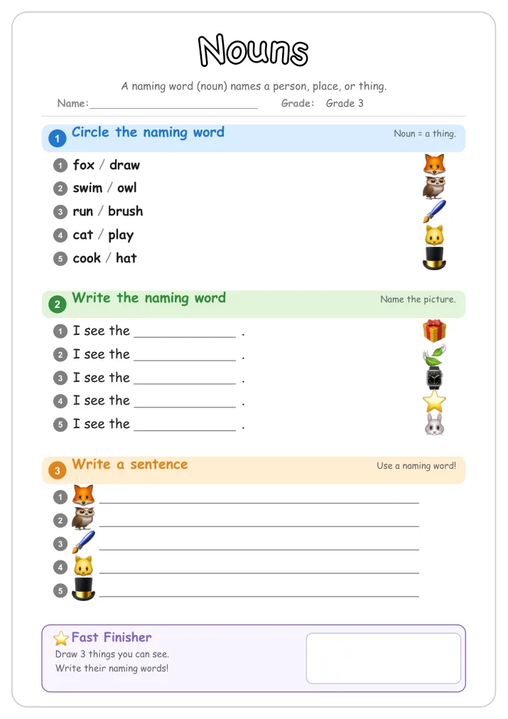 Nouns grammar worksheet for Grade 3