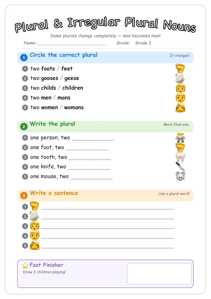 Plural & Irregular Plural Nouns grammar worksheet for Grade 3