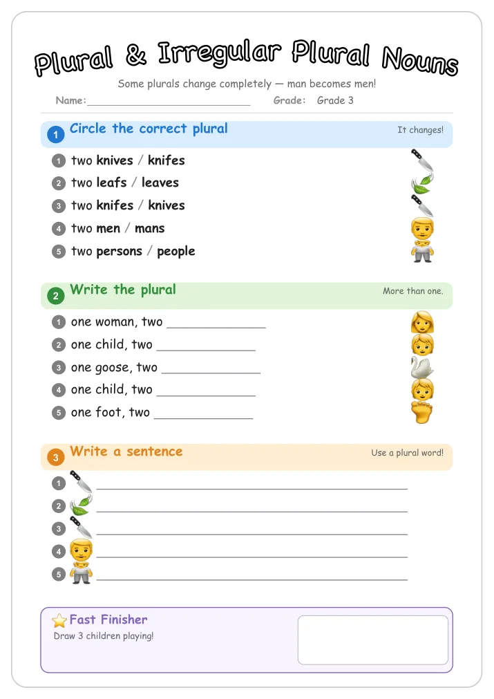 Plural & Irregular Plural Nouns grammar worksheet for Grade 3