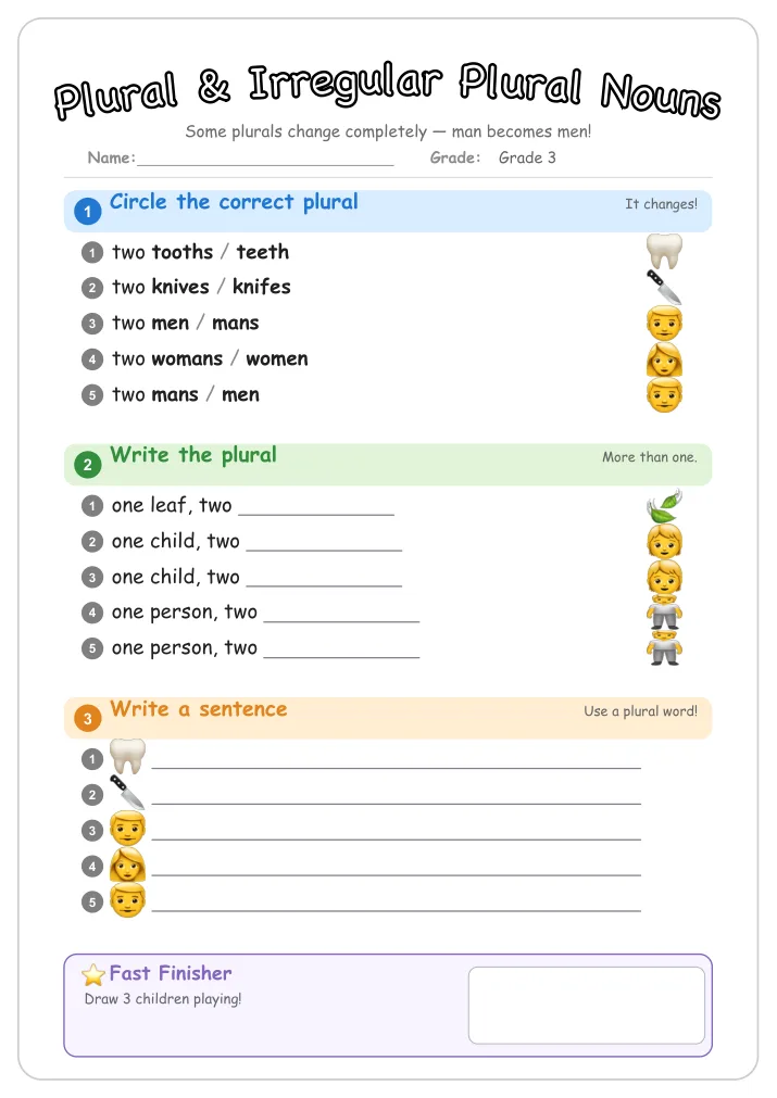Plural & Irregular Plural Nouns grammar worksheet for Grade 3