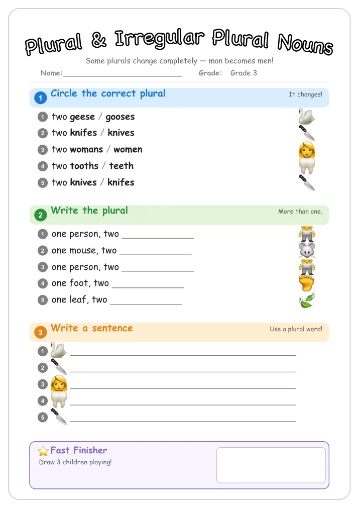 Plural & Irregular Plural Nouns grammar worksheet for Grade 3