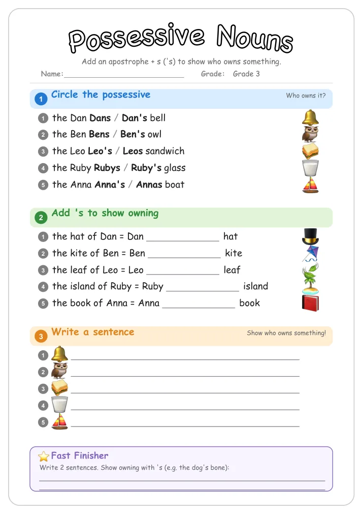 Possessive Nouns grammar worksheet for Grade 3