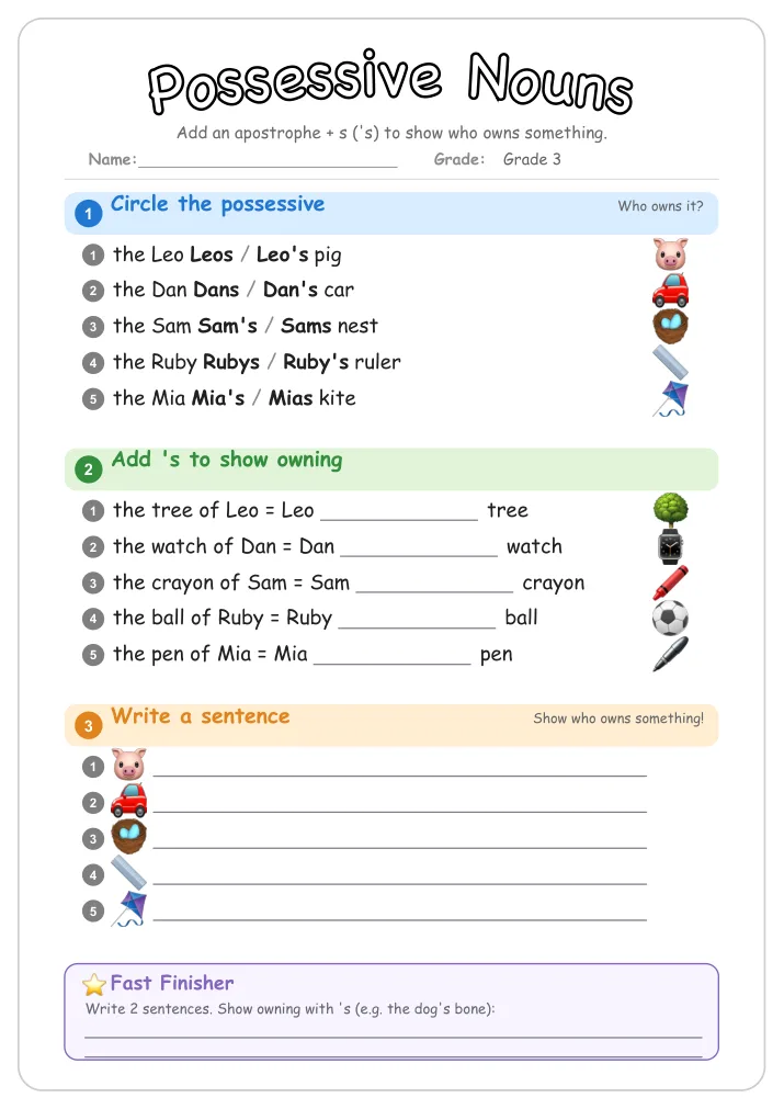 Possessive Nouns grammar worksheet for Grade 3