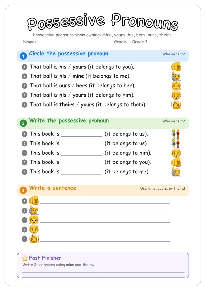 Possessive Pronouns grammar worksheet for Grade 3