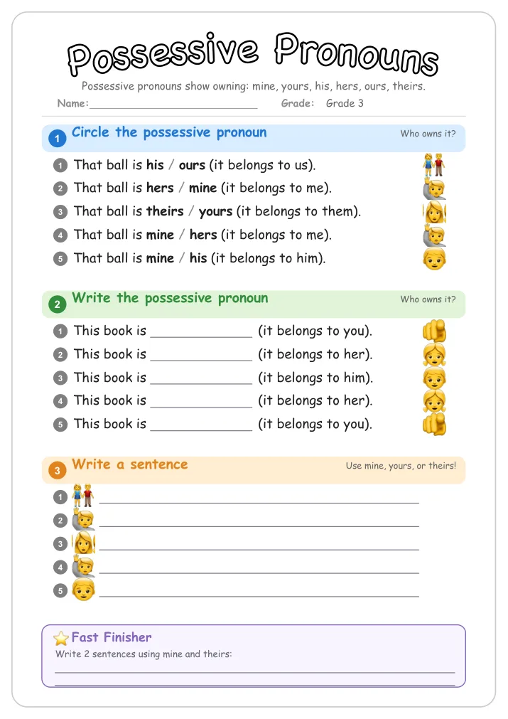 Possessive Pronouns grammar worksheet for Grade 3