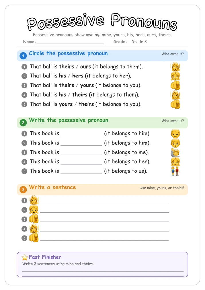 Possessive Pronouns grammar worksheet for Grade 3