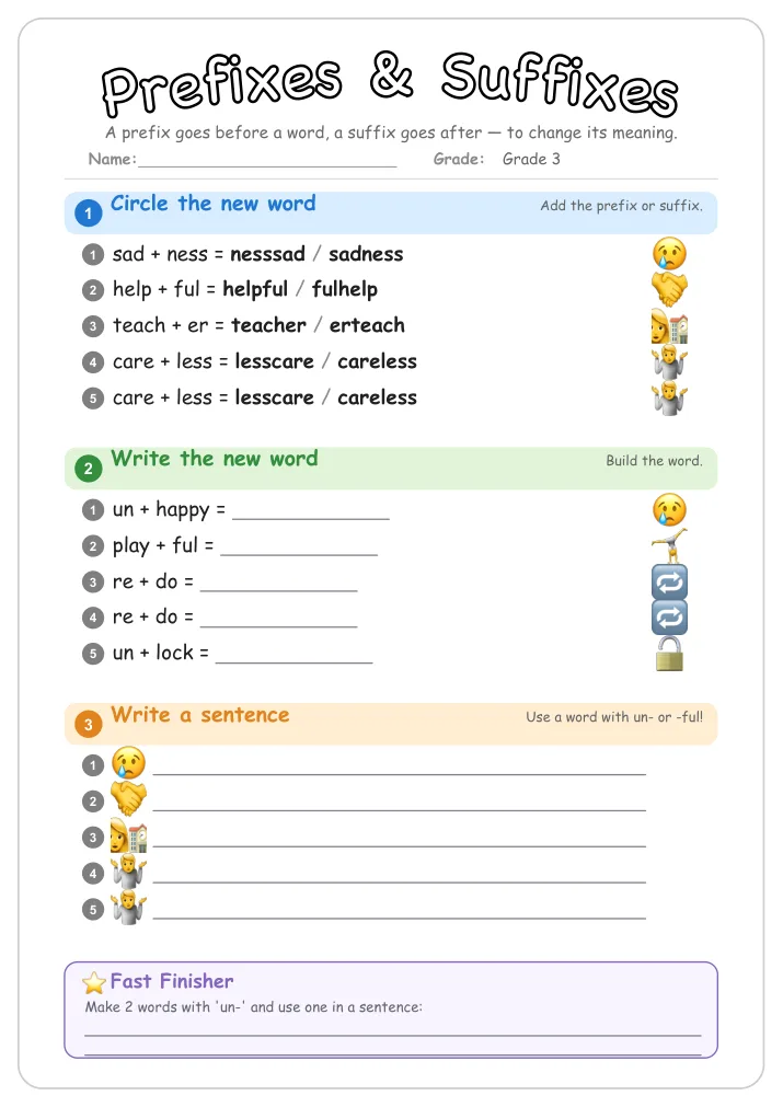 Prefixes & Suffixes grammar worksheet for Grade 3