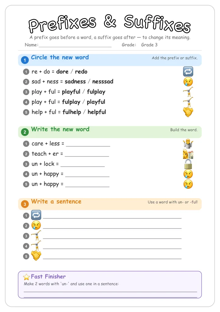 Prefixes & Suffixes grammar worksheet for Grade 3