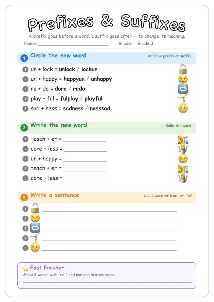 Prefixes & Suffixes grammar worksheet for Grade 3