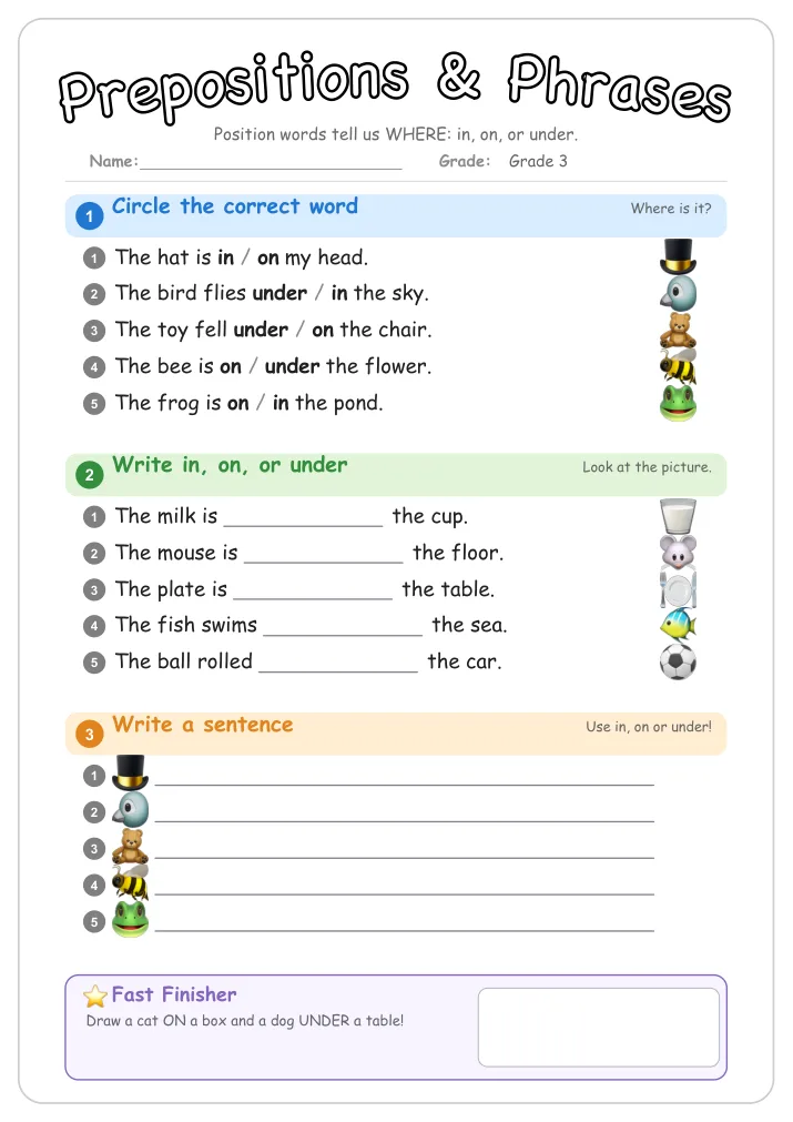 Prepositions & Phrases grammar worksheet for Grade 3