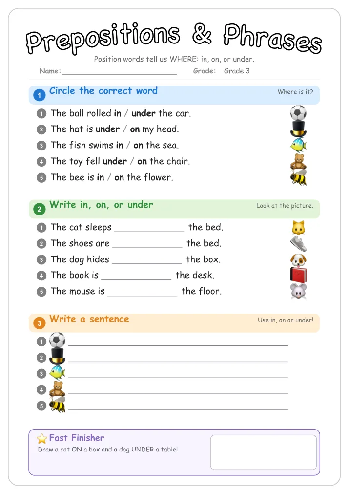Prepositions & Phrases grammar worksheet for Grade 3