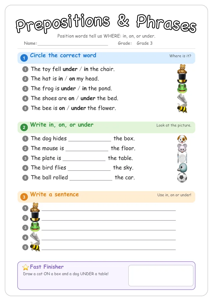 Prepositions & Phrases grammar worksheet for Grade 3
