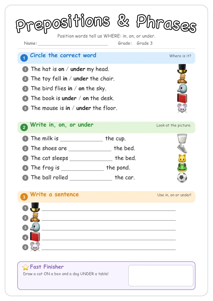 Prepositions & Phrases grammar worksheet for Grade 3