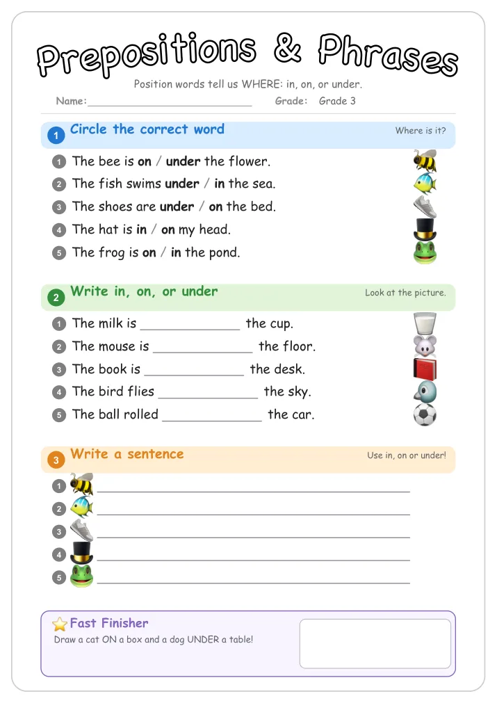 Prepositions & Phrases grammar worksheet for Grade 3