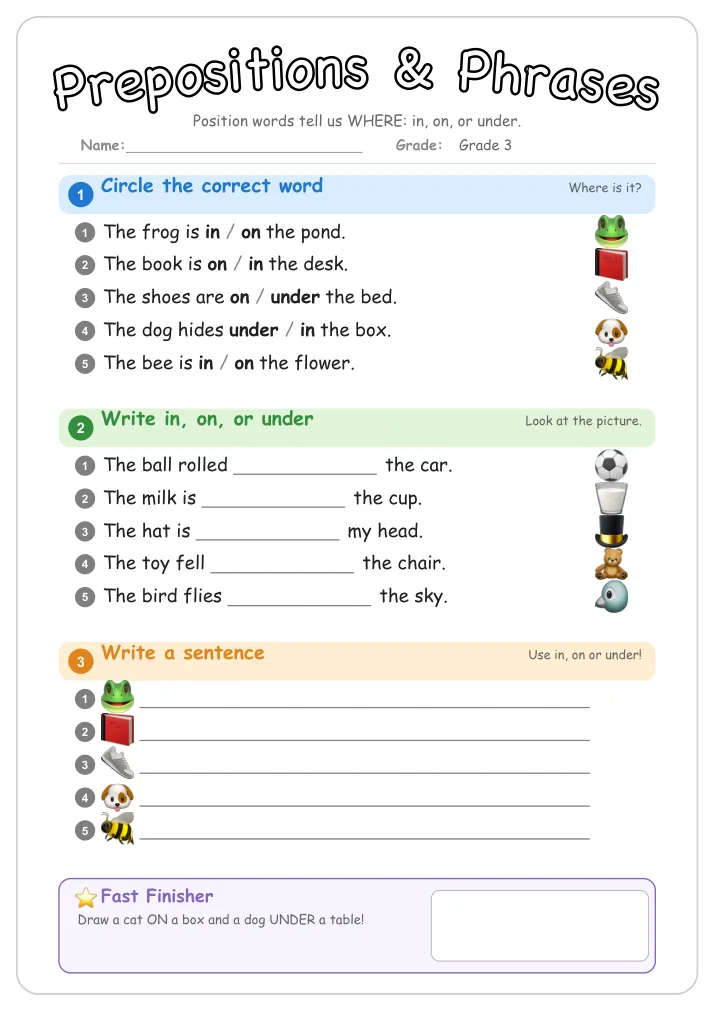 Prepositions & Phrases grammar worksheet for Grade 3
