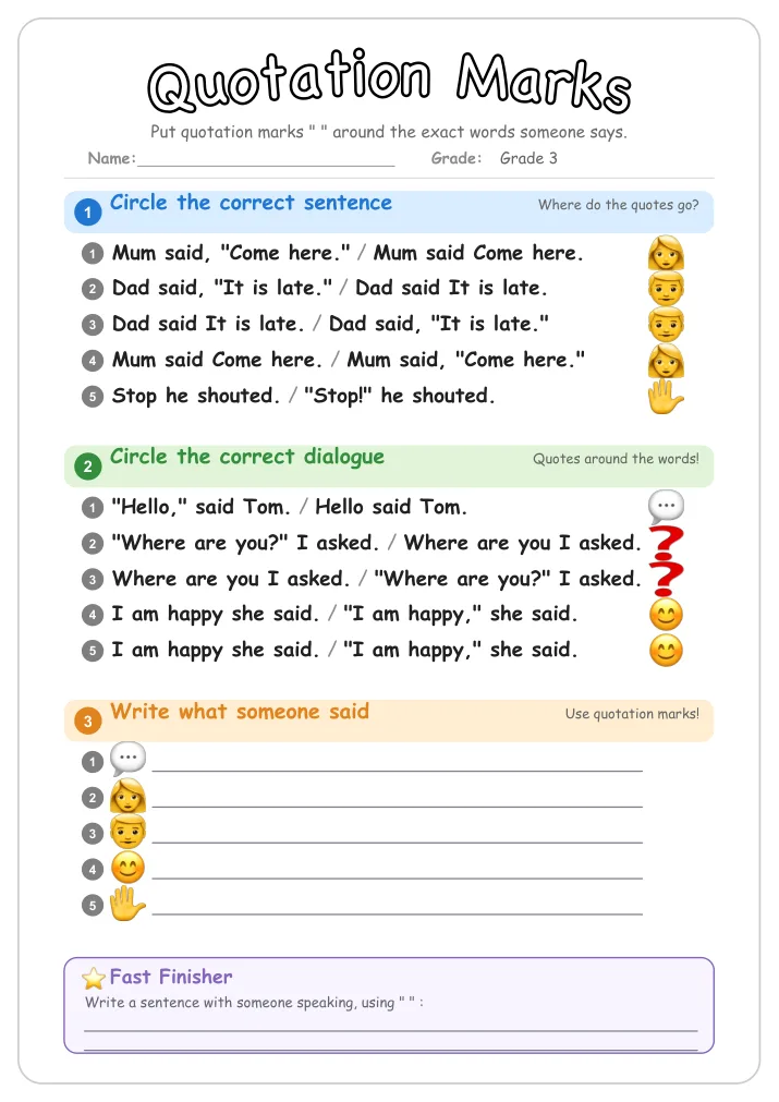 Quotation Marks grammar worksheet for Grade 3