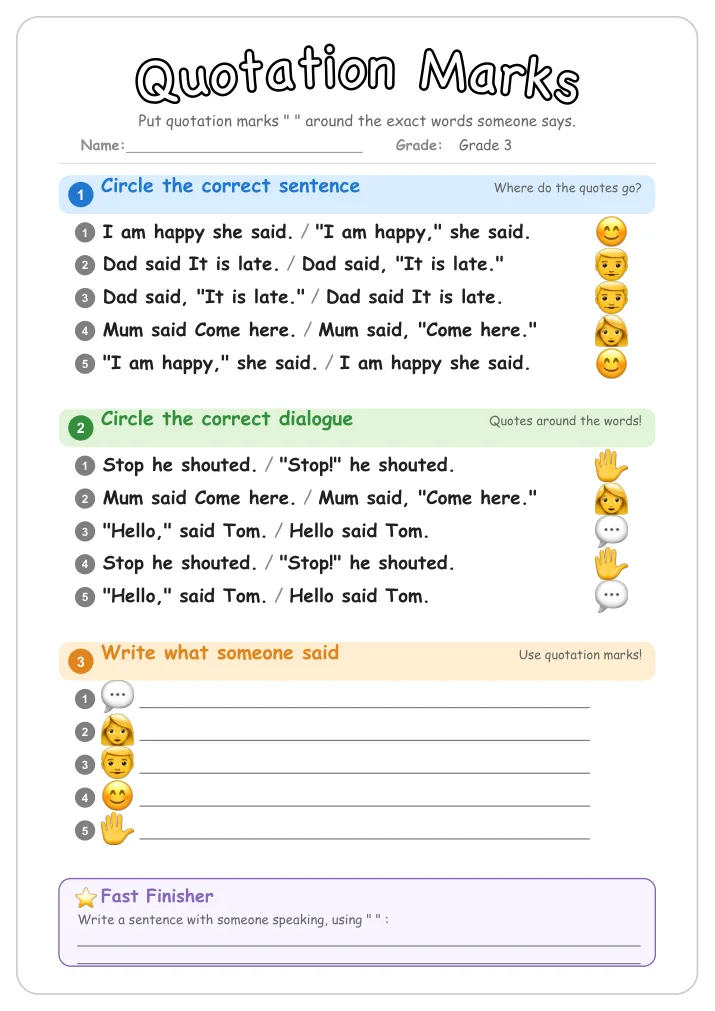 Quotation Marks grammar worksheet for Grade 3