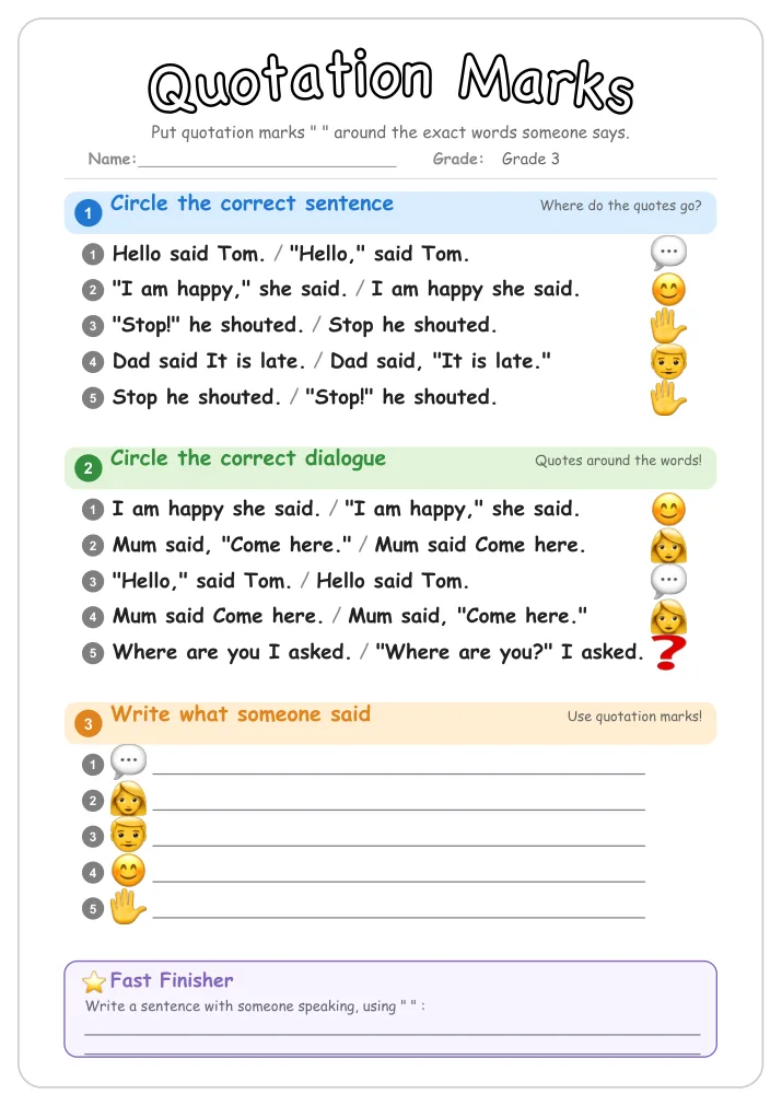 Quotation Marks grammar worksheet for Grade 3