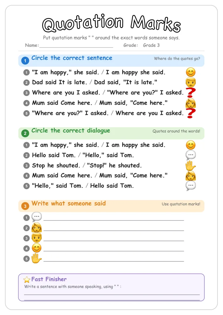 Quotation Marks grammar worksheet for Grade 3