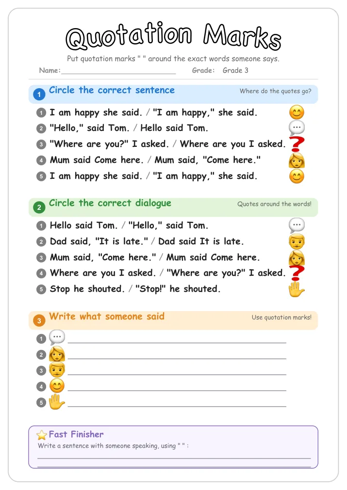 Quotation Marks grammar worksheet for Grade 3