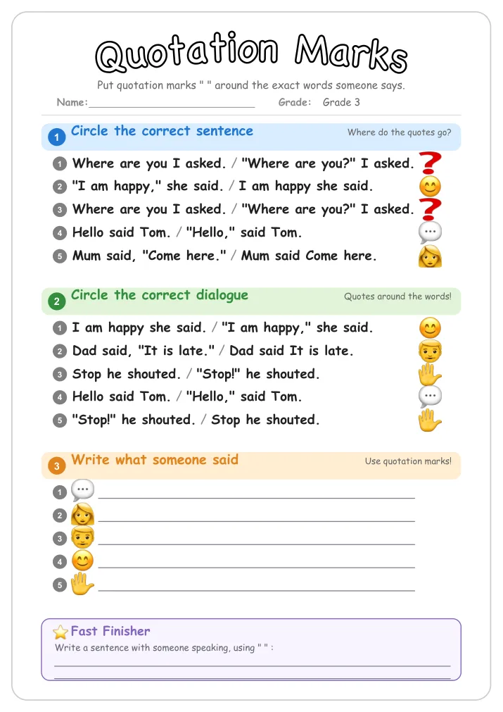 Quotation Marks grammar worksheet for Grade 3