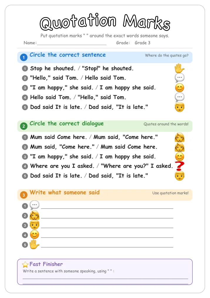 Quotation Marks grammar worksheet for Grade 3