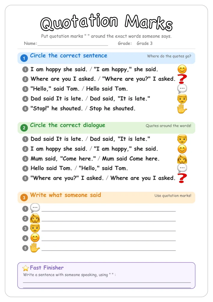 Quotation Marks grammar worksheet for Grade 3