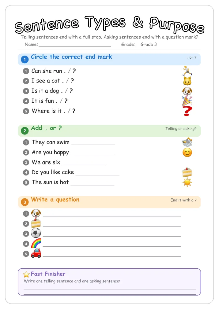 Sentence Types & Purpose grammar worksheet for Grade 3
