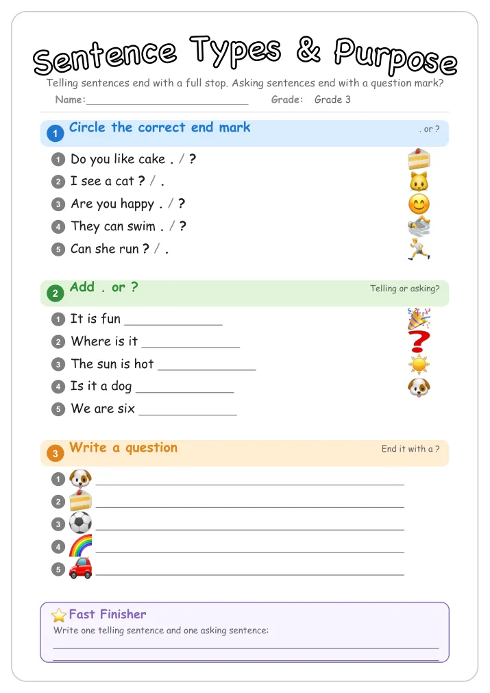Sentence Types & Purpose grammar worksheet for Grade 3