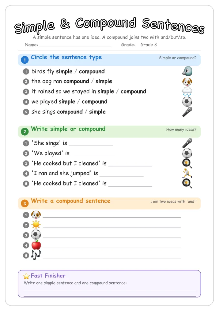Simple & Compound Sentences grammar worksheet for Grade 3