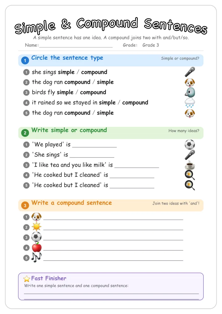 Simple & Compound Sentences grammar worksheet for Grade 3