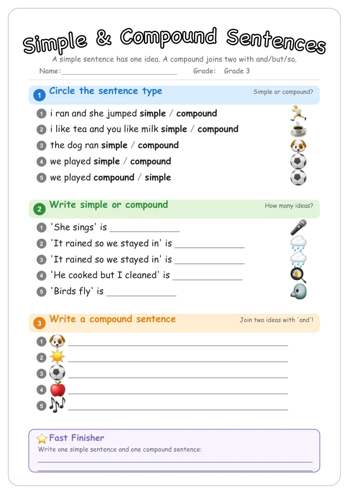 Simple & Compound Sentences grammar worksheet for Grade 3