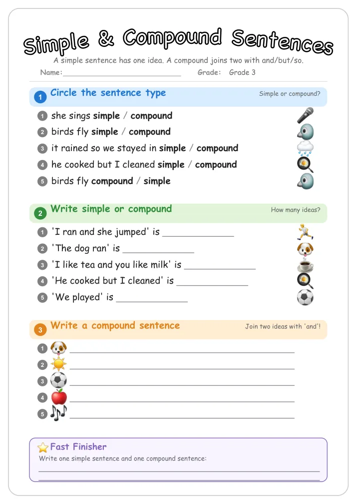Simple & Compound Sentences grammar worksheet for Grade 3