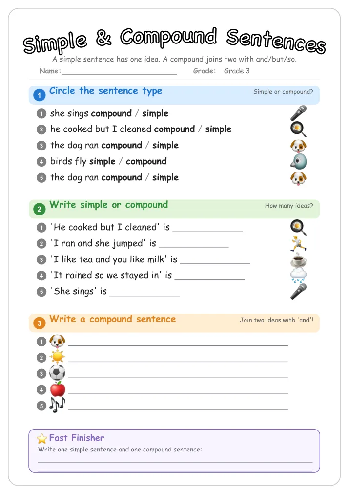 Simple & Compound Sentences grammar worksheet for Grade 3