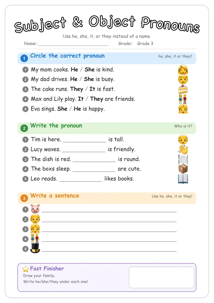 Subject & Object Pronouns grammar worksheet for Grade 3