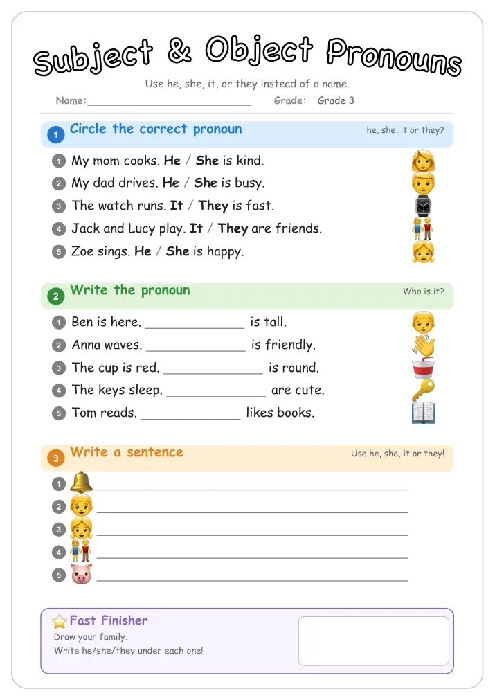 Subject & Object Pronouns grammar worksheet for Grade 3